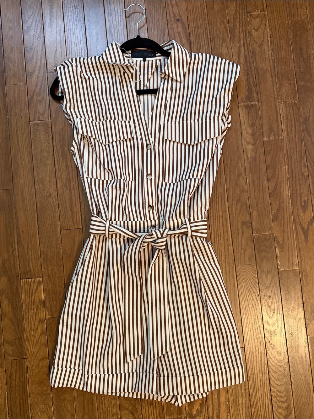 Zara Brown and White Striped Sleeveless Shirt Romper
